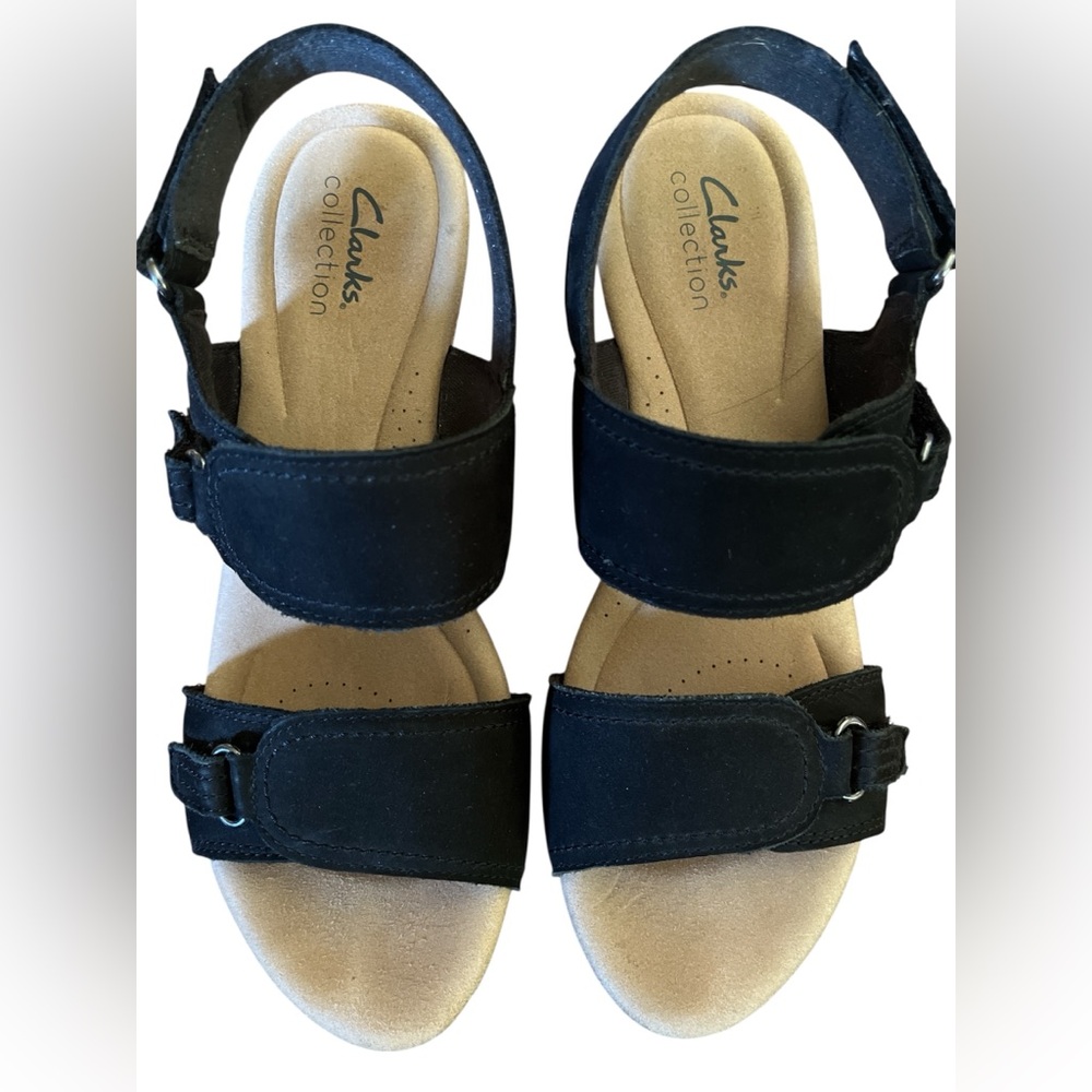 Clarks Black Rose Lane Black Slingback Platform Wedge Sandals w/straps Size 7.5 - Picture 3 of 15